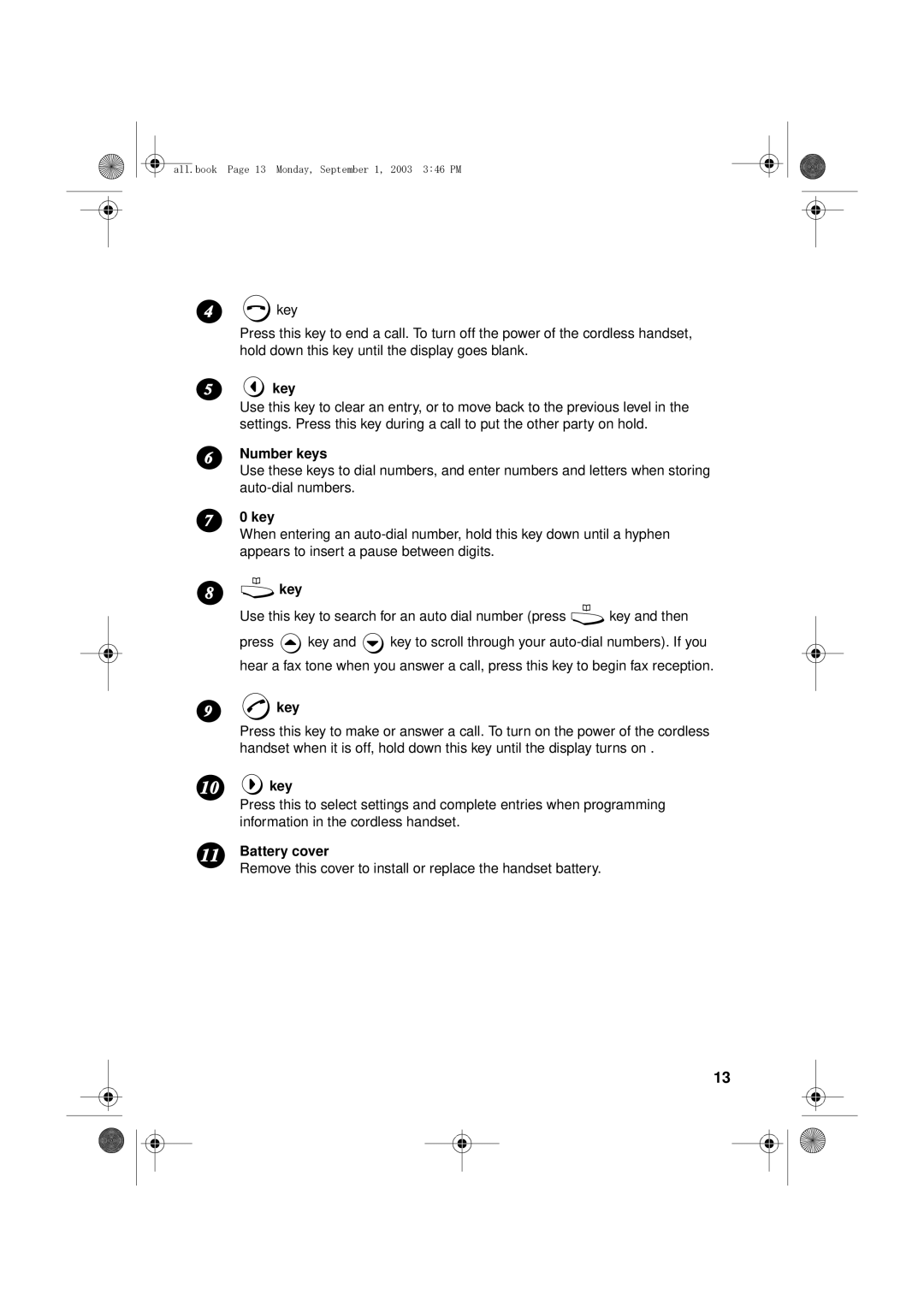 Sharp UX-D50 manual Number keys, Battery cover 