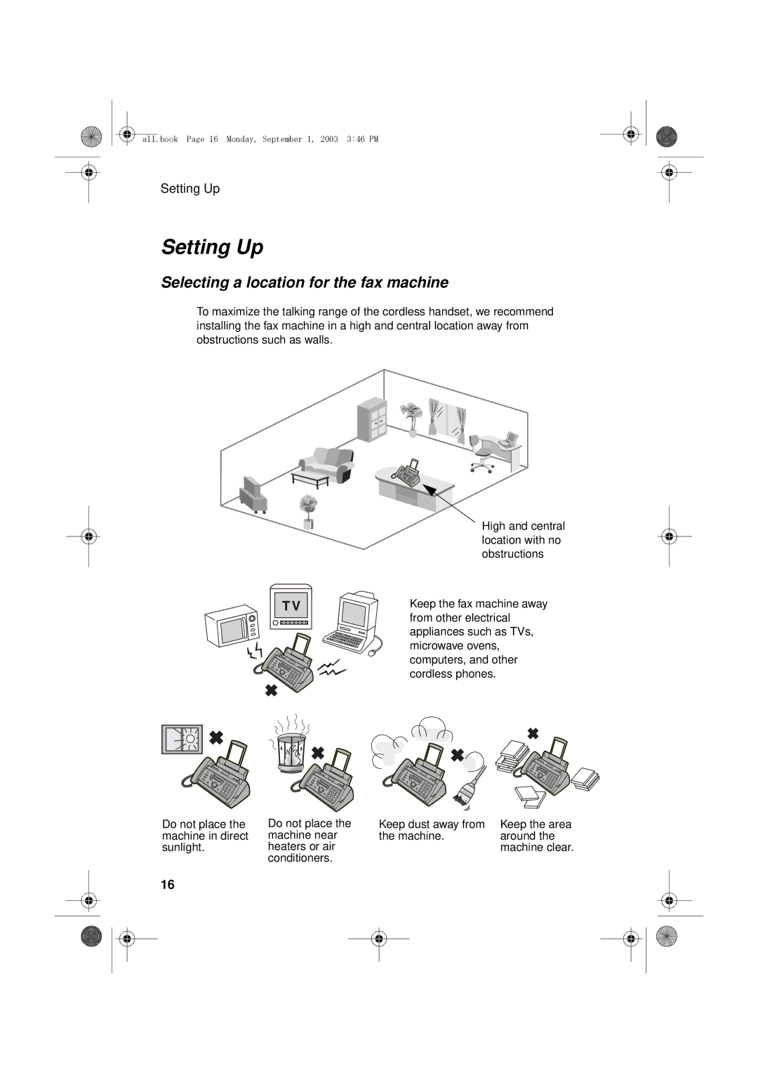 Sharp UX-D50 manual Setting Up, Selecting a location for the fax machine 