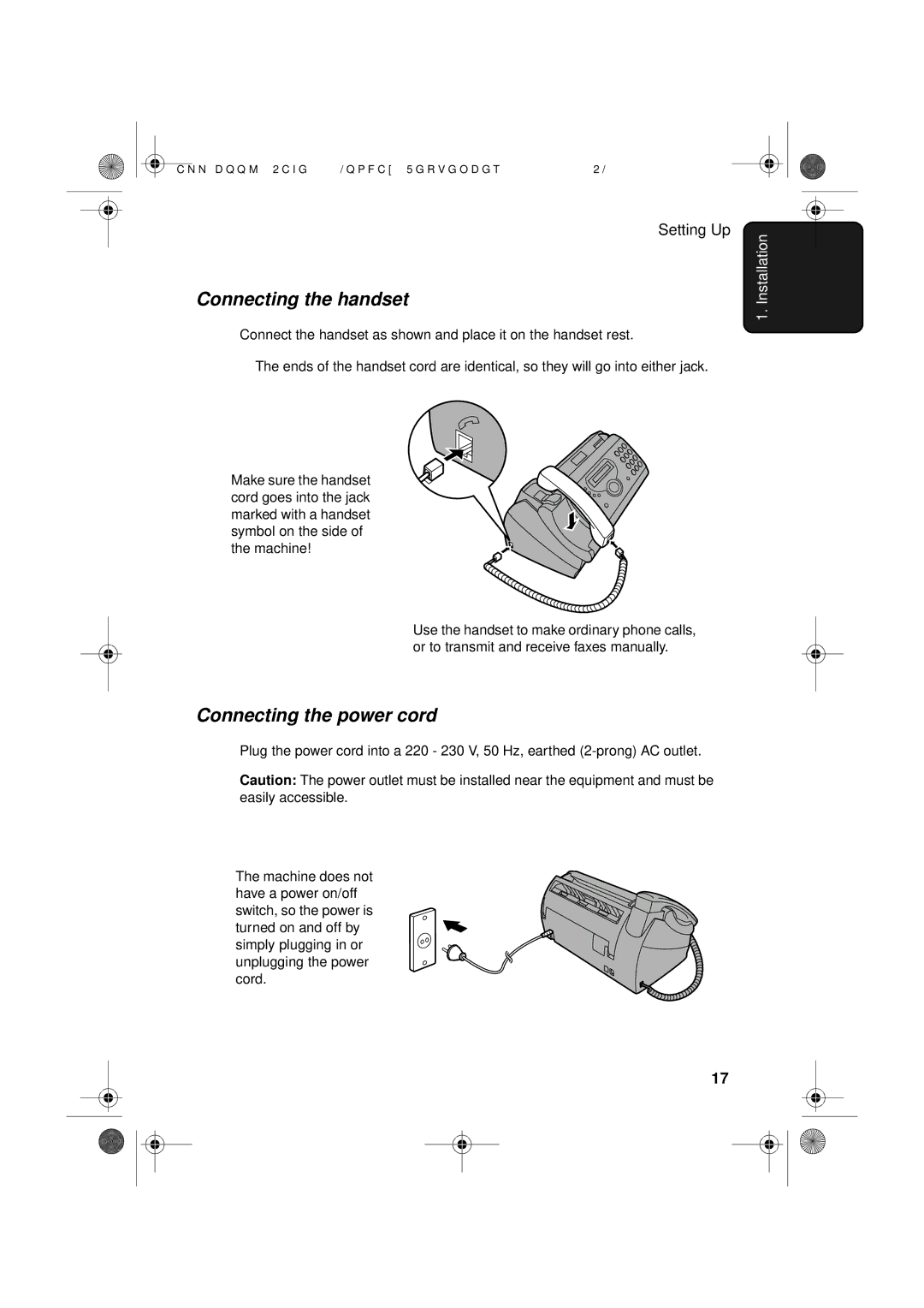 Sharp UX-D50 manual Connecting the handset, Connecting the power cord 