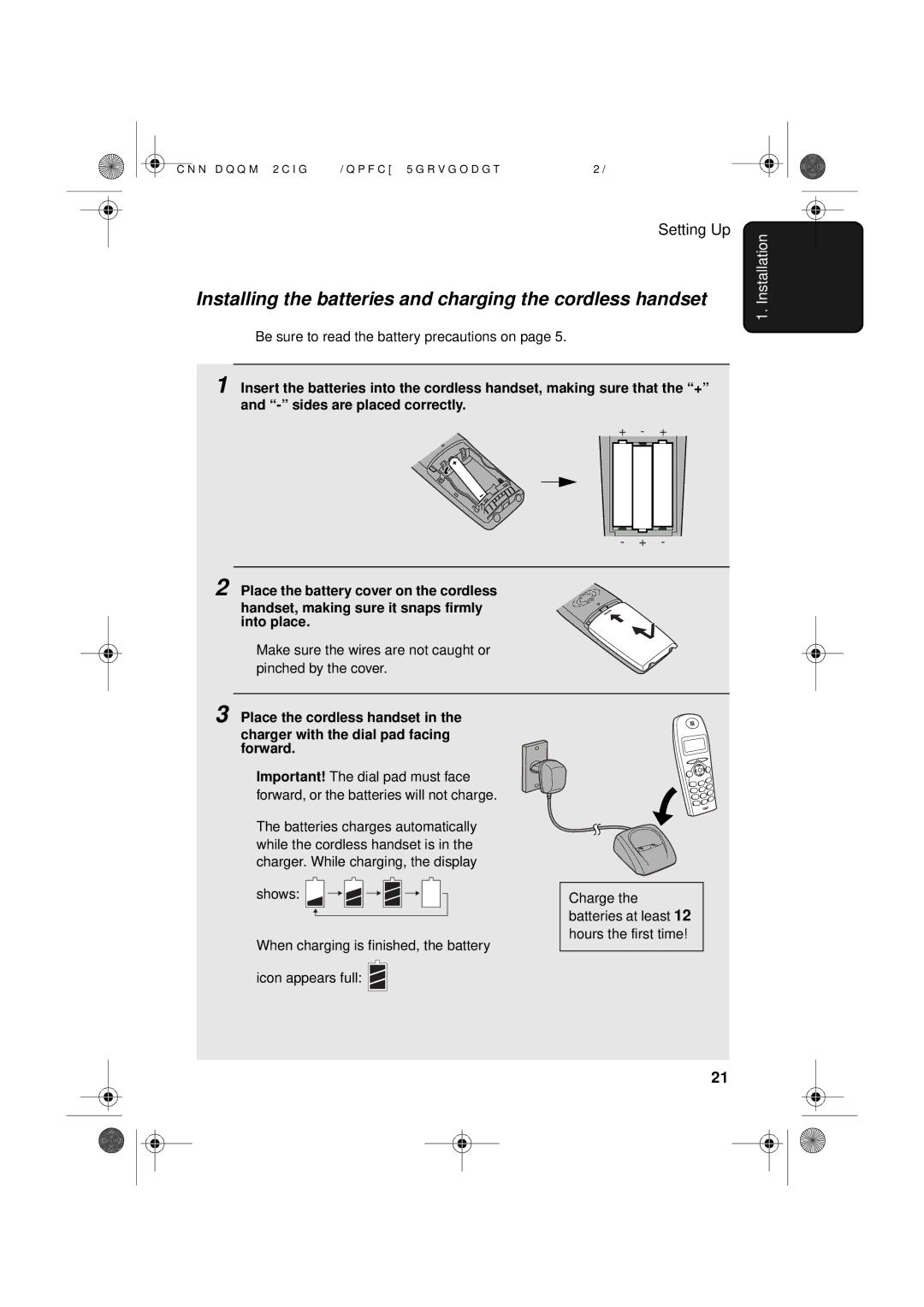 Sharp UX-D50 manual Installing the batteries and charging the cordless handset 