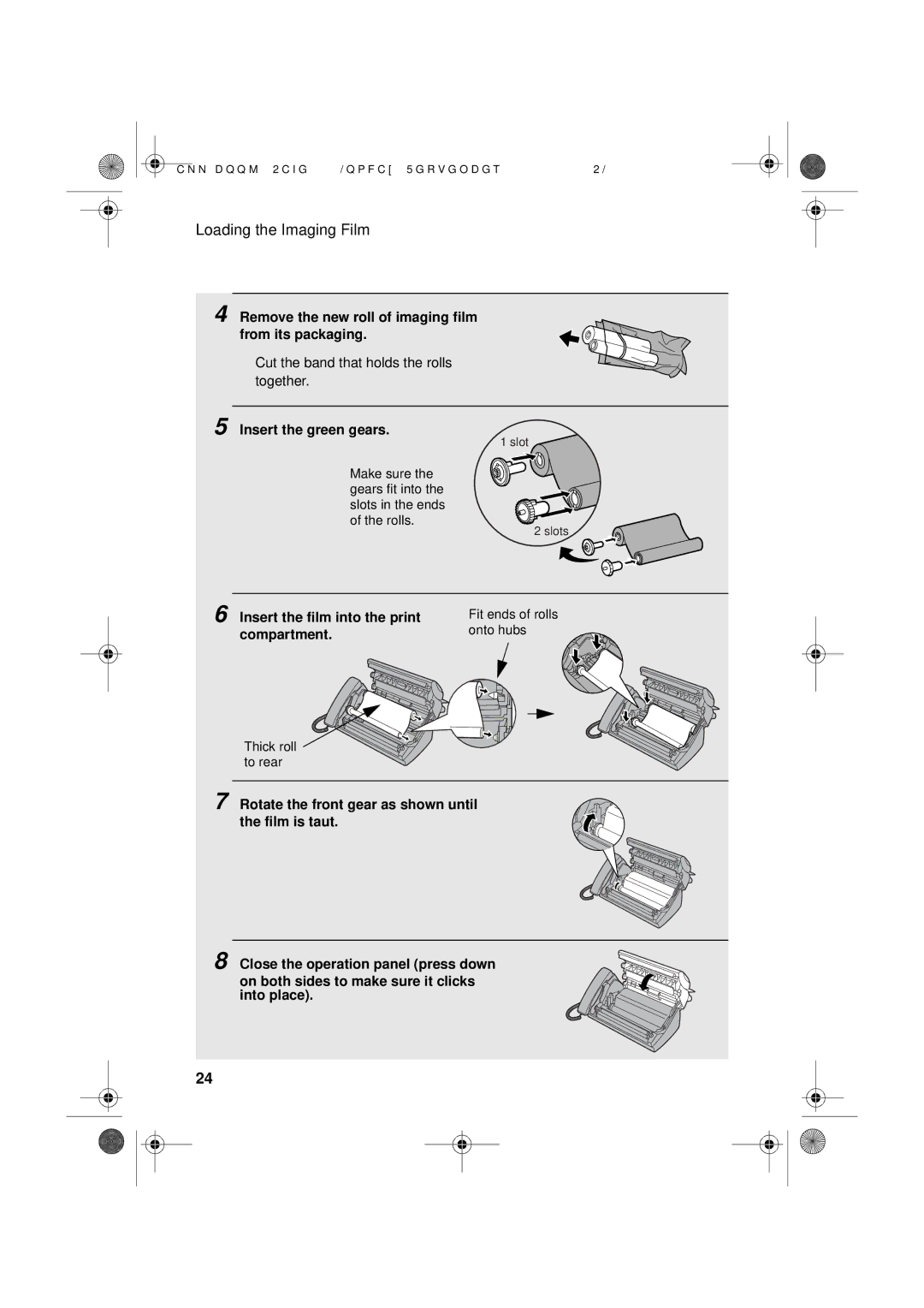 Sharp UX-D50 manual Remove the new roll of imaging film from its packaging, Insert the green gears, Compartment 