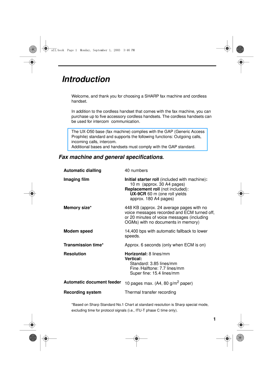 Sharp UX-D50 manual Introduction, Fax machine and general specifications 