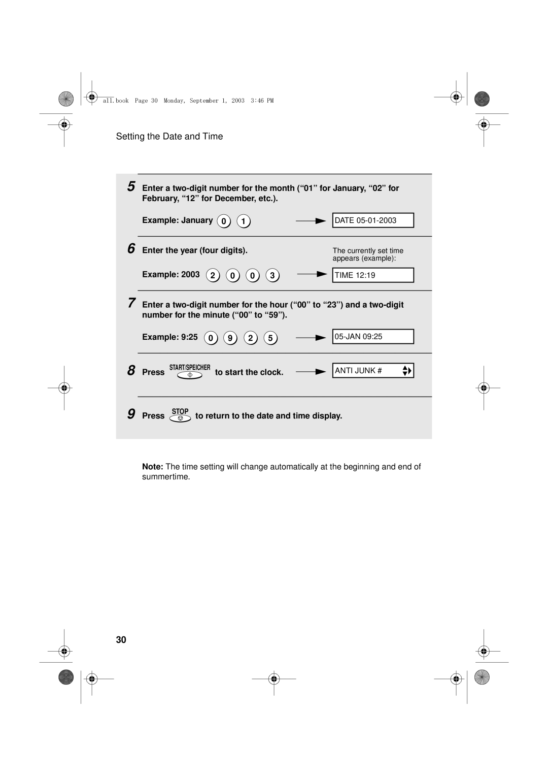 Sharp UX-D50 manual Enter the year four digits Example 2003 2 0 0, Press START/SPEICHER to start the clock 