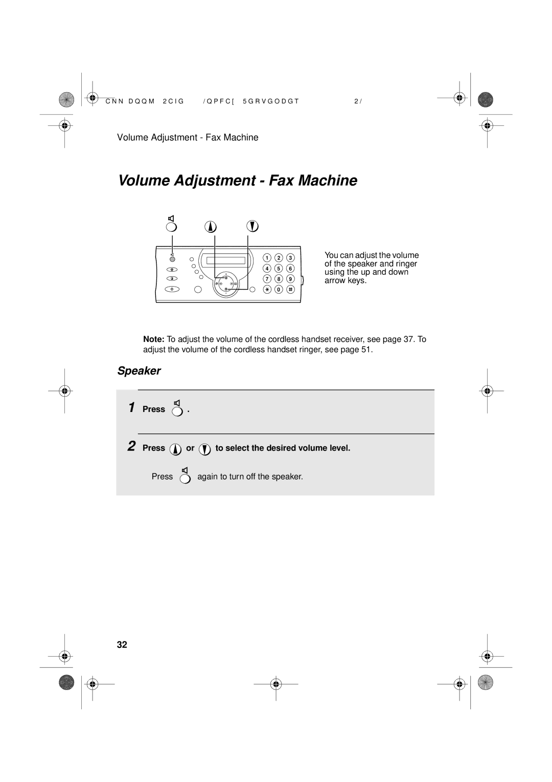 Sharp UX-D50 manual Volume Adjustment Fax Machine, Speaker, Press Press or to select the desired volume level 