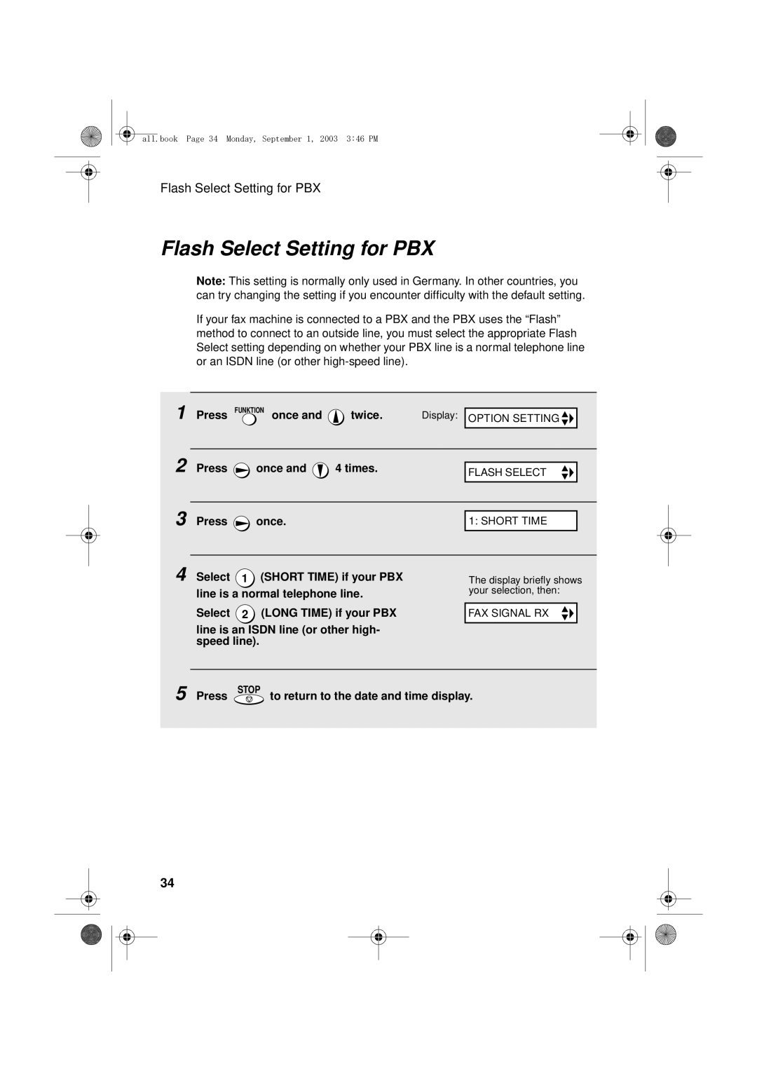 Sharp UX-D50 manual Flash Select Setting for PBX 