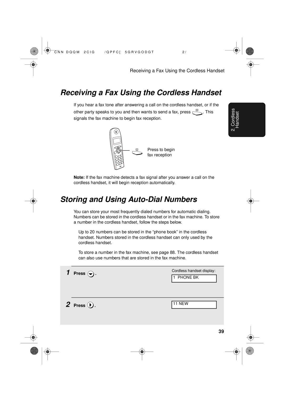 Sharp UX-D50 manual Receiving a Fax Using the Cordless Handset, Storing and Using Auto-Dial Numbers 