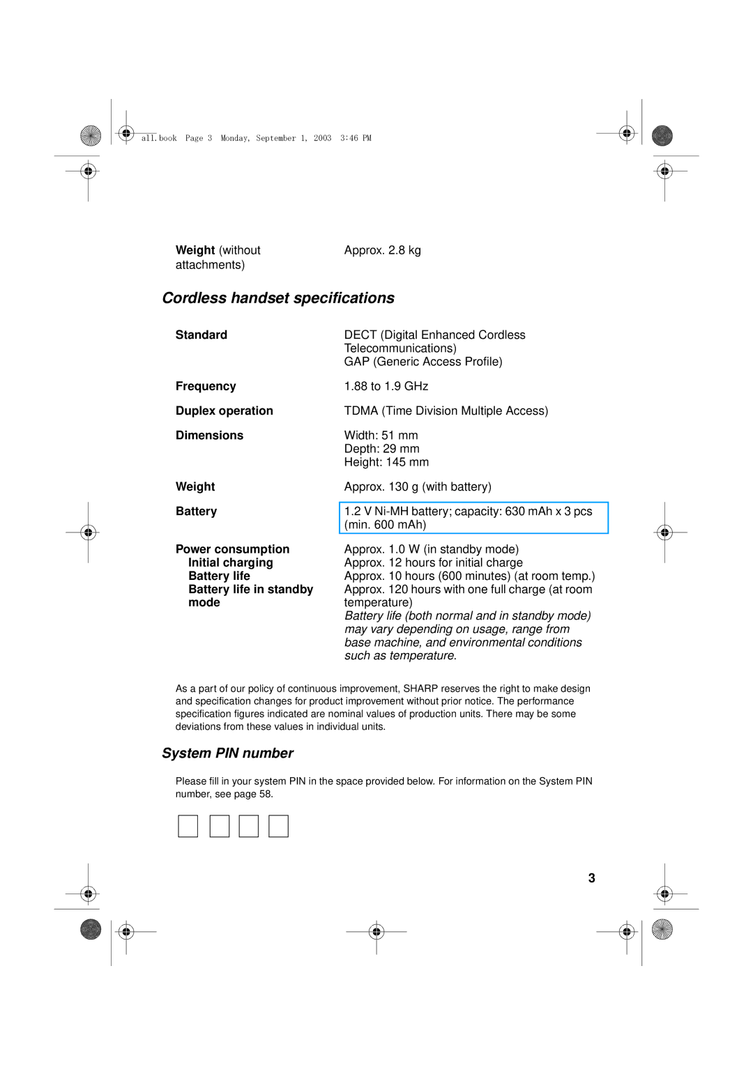 Sharp UX-D50 manual Cordless handset specifications 