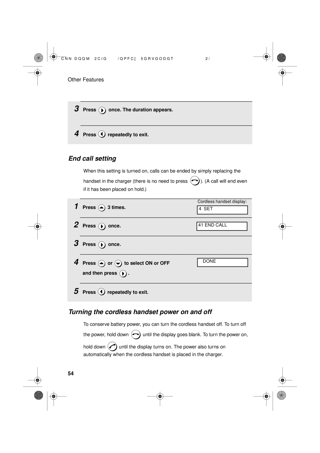 Sharp UX-D50 manual End call setting, Turning the cordless handset power on and off 