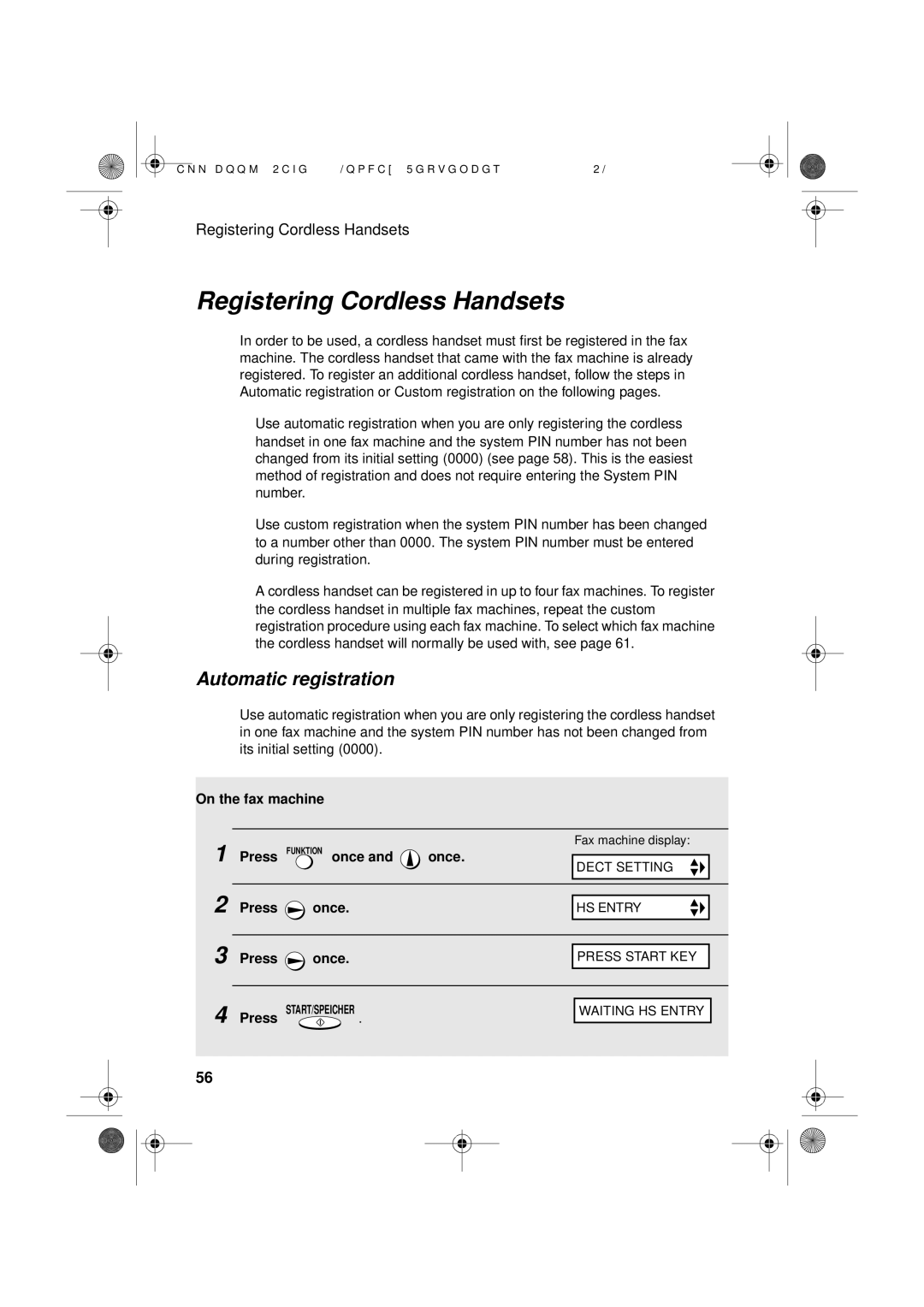 Sharp UX-D50 manual Registering Cordless Handsets, Automatic registration, On the fax machine 