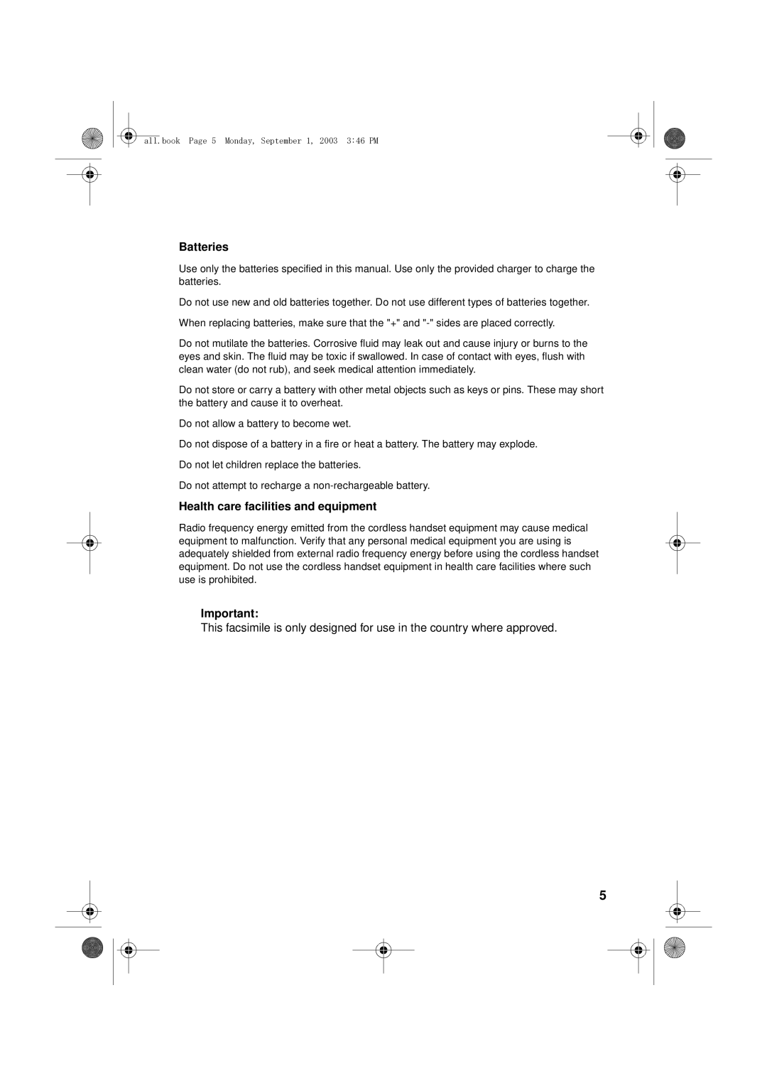 Sharp UX-D50 manual Batteries, Health care facilities and equipment 