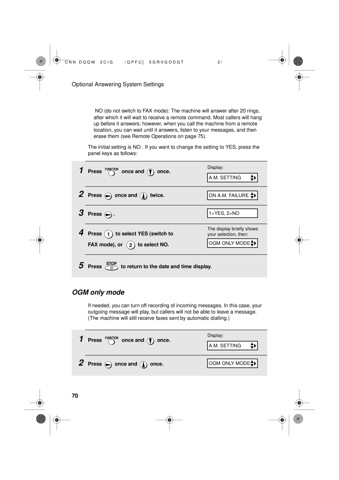 Sharp UX-D50 manual OGM only mode, Press To select YES switch to, FAX mode, or 2 to select no 