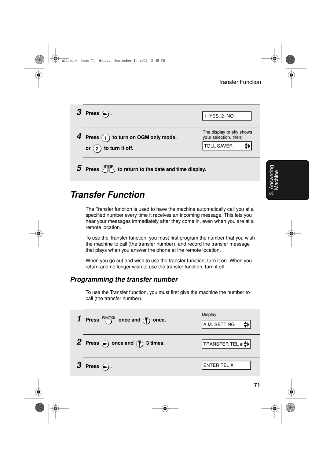 Sharp UX-D50 manual Transfer Function, Programming the transfer number, Press To turn on OGM only mode, To turn it off 