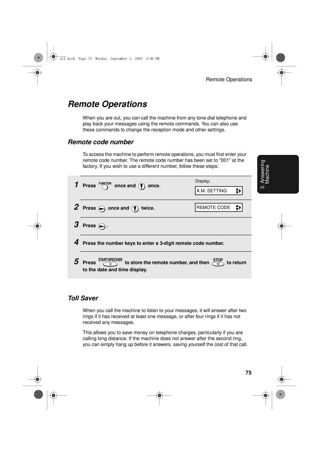 Sharp UX-D50 manual Remote Operations, Remote code number, Toll Saver 