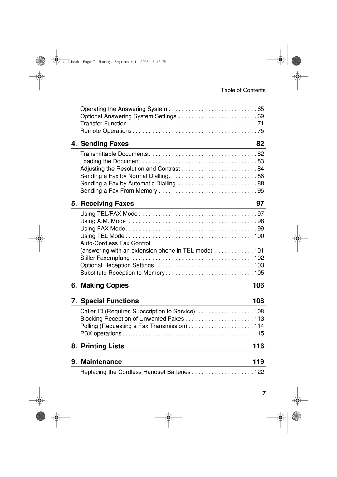 Sharp UX-D50 manual Sending Faxes, Table of Contents 