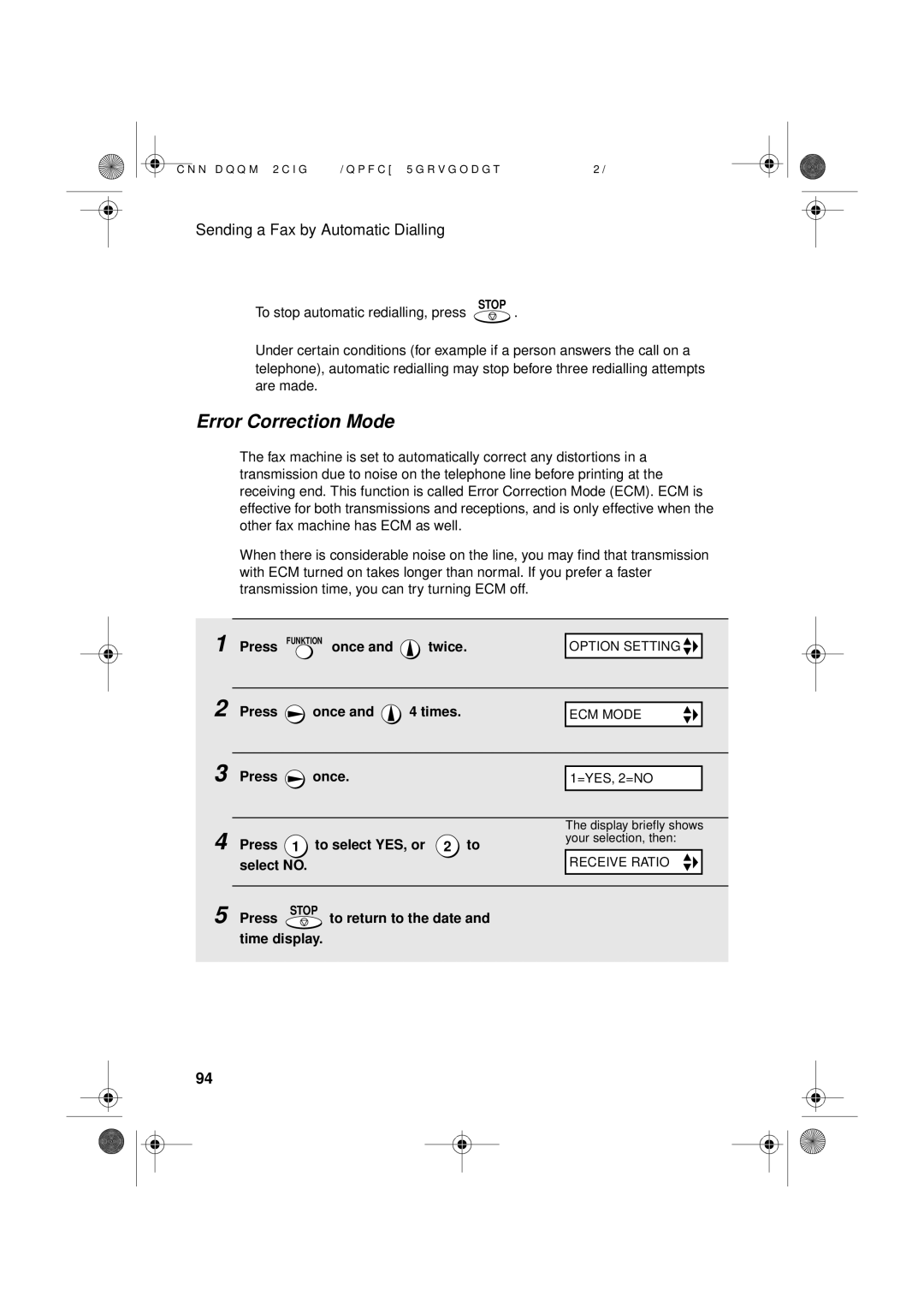 Sharp UX-D50 Error Correction Mode, Press To select YES, or 2 to, Select no Press Stop to return to the date Time display 