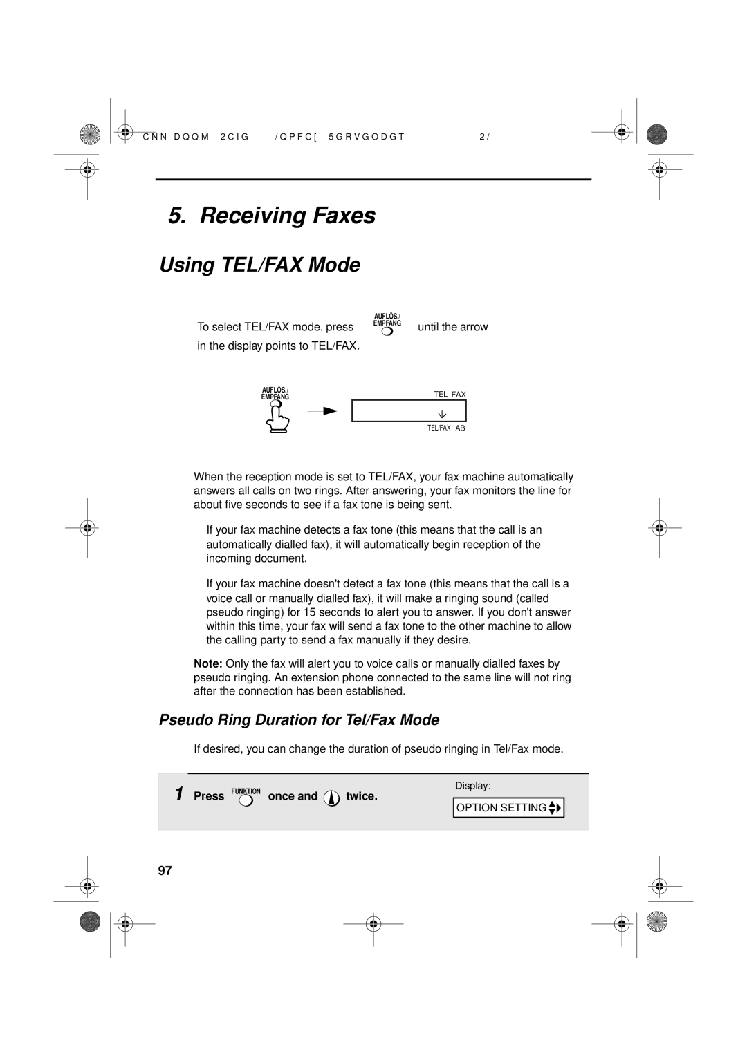 Sharp UX-D50 Receiving Faxes, Using TEL/FAX Mode, Pseudo Ring Duration for Tel/Fax Mode, Press Funktion once and twice 