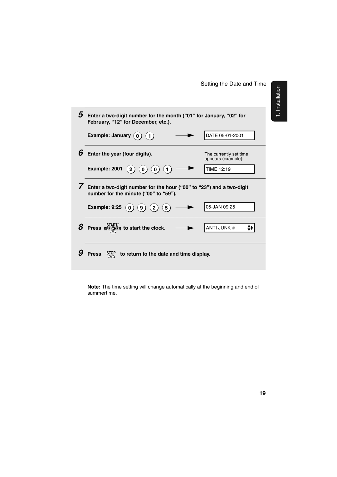 Sharp UX-P400 operation manual Enter the year four digits, Example 2001, To start the clock 