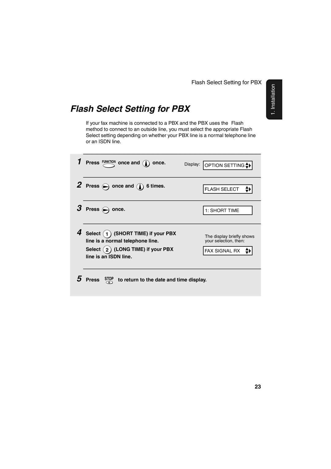 Sharp UX-P400 operation manual Flash Select Setting for PBX 