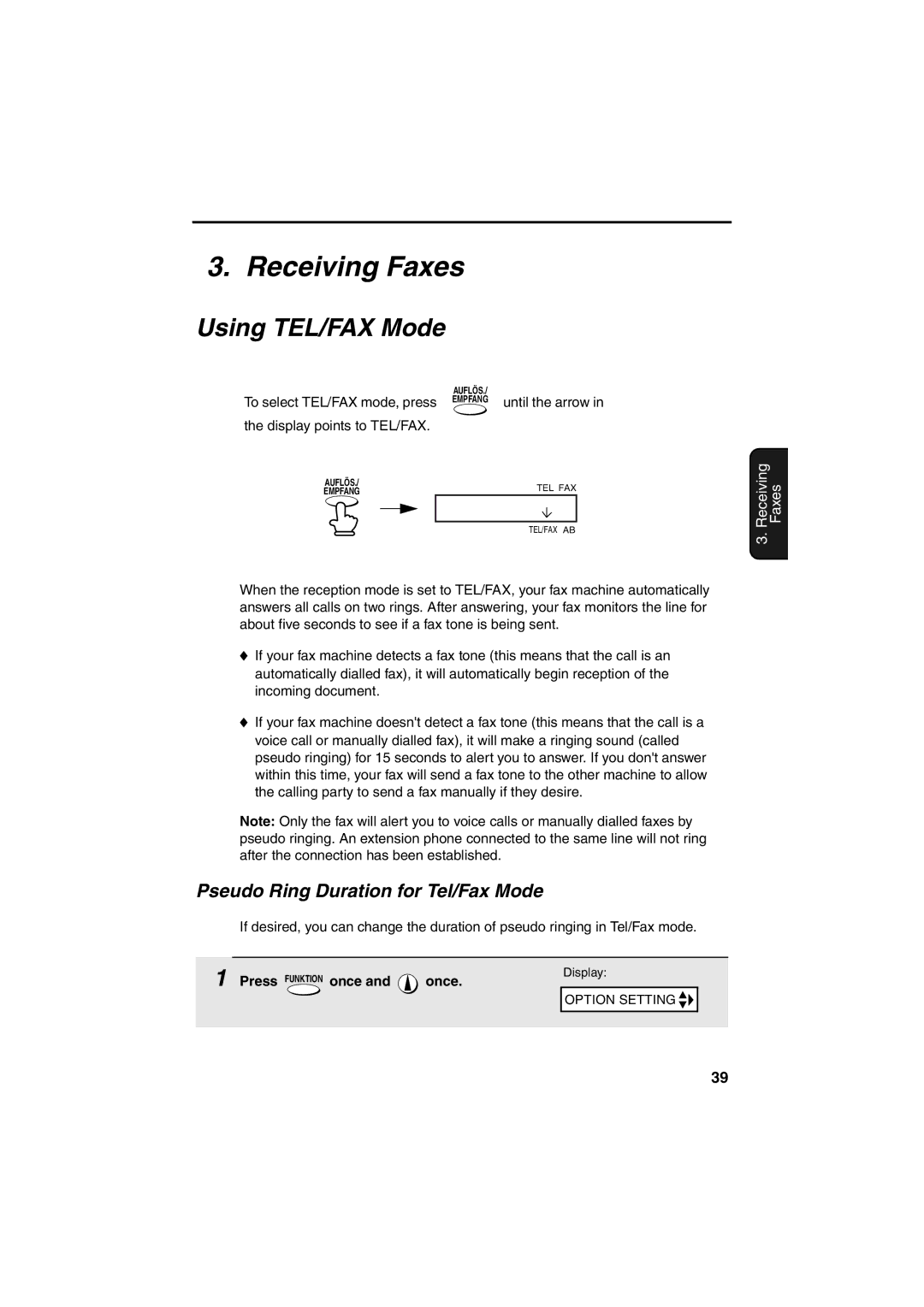 Sharp UX-P400 Receiving Faxes, Using TEL/FAX Mode, Pseudo Ring Duration for Tel/Fax Mode, Empfang until the arrow 