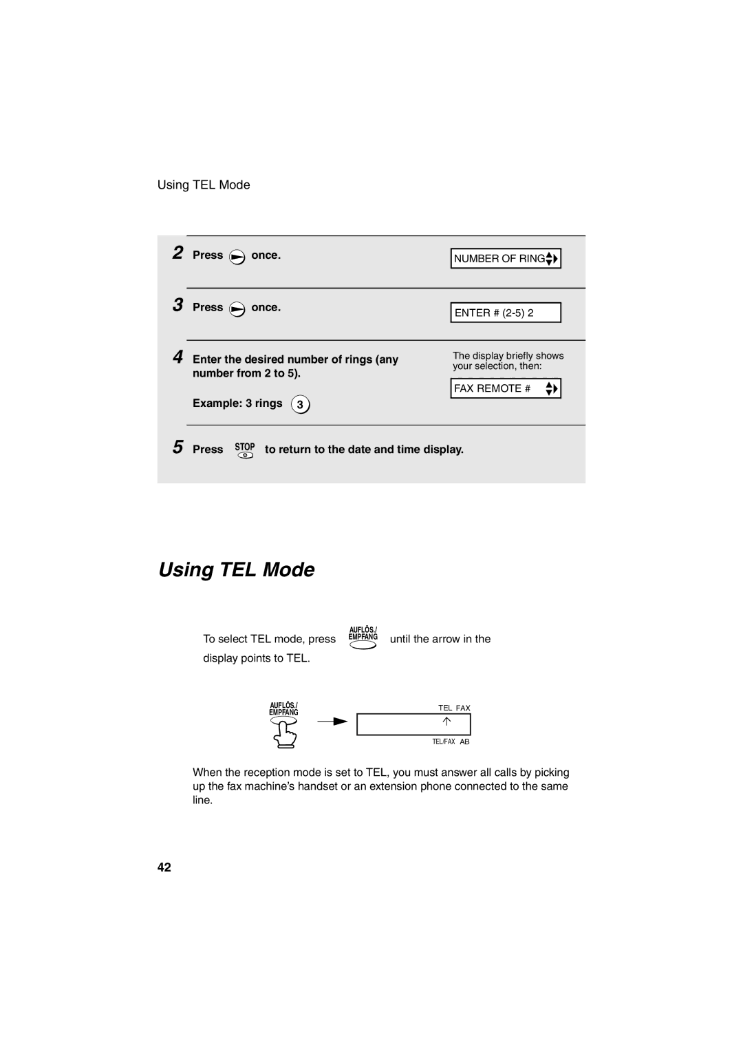 Sharp UX-P400 operation manual Using TEL Mode, Enter the desired number of rings any, Number from 2 to 