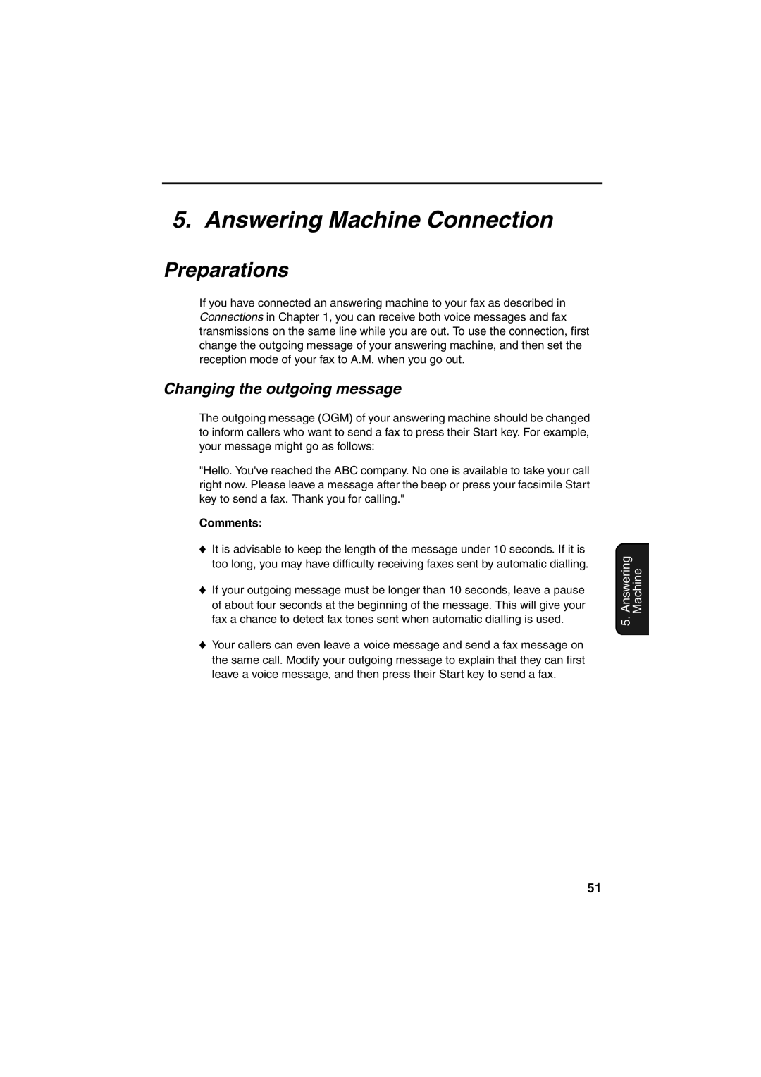 Sharp UX-P400 operation manual Answering Machine Connection, Preparations, Changing the outgoing message, Comments 