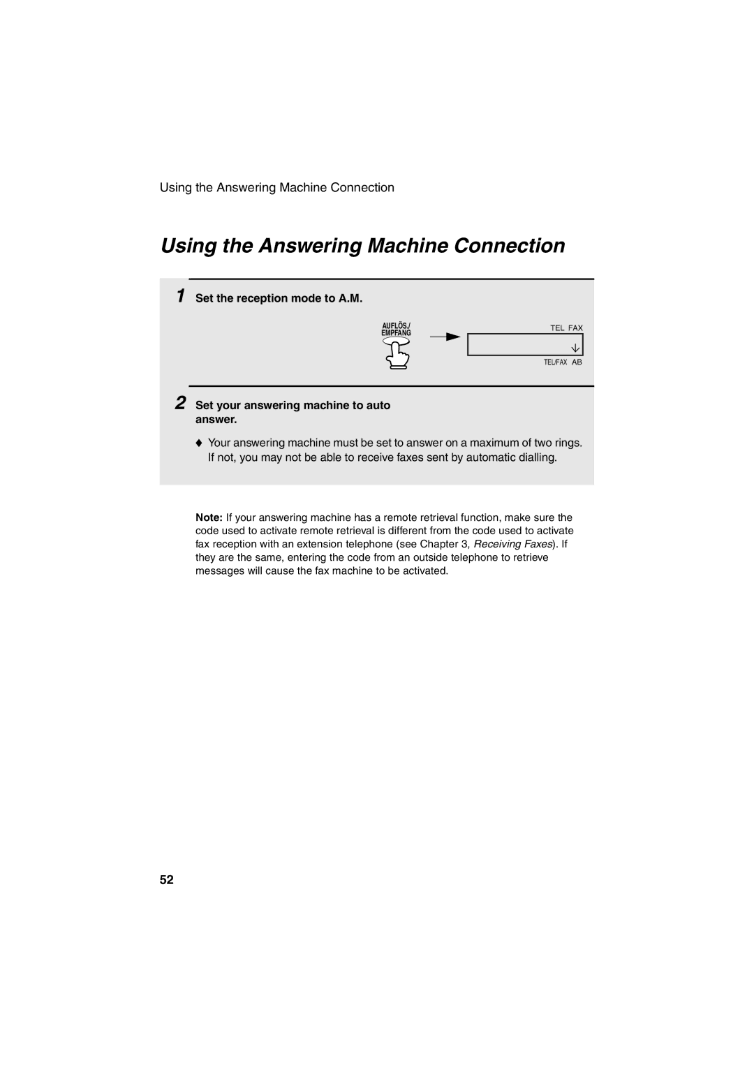 Sharp UX-P400 operation manual Using the Answering Machine Connection, Set the reception mode to A.M 