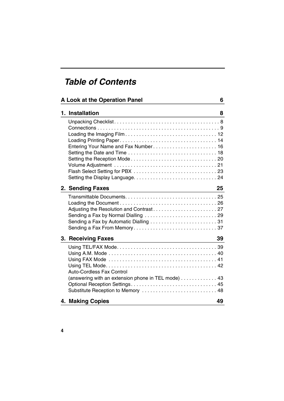 Sharp UX-P400 operation manual Table of Contents 