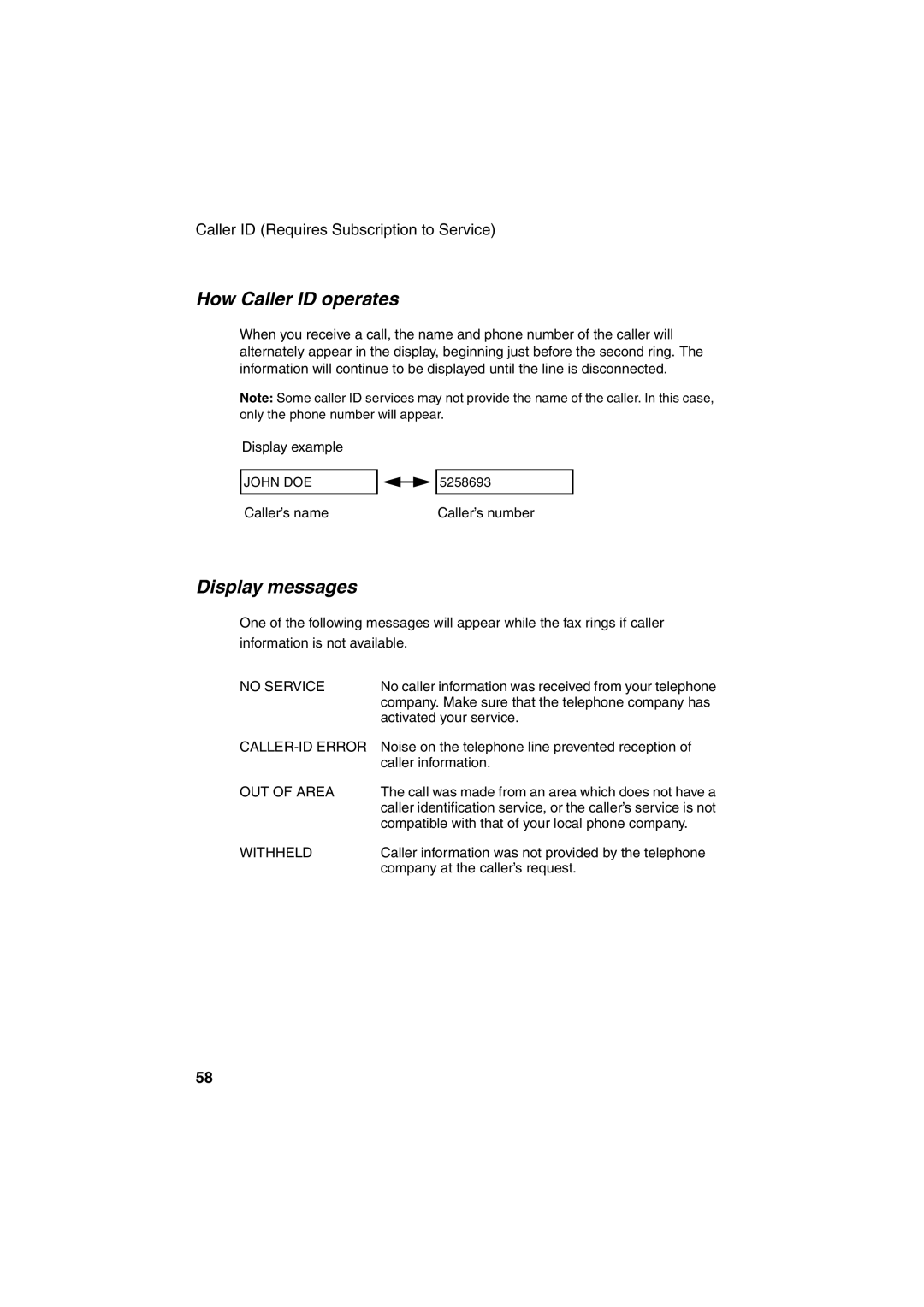 Sharp UX-P400 operation manual How Caller ID operates, Display messages 