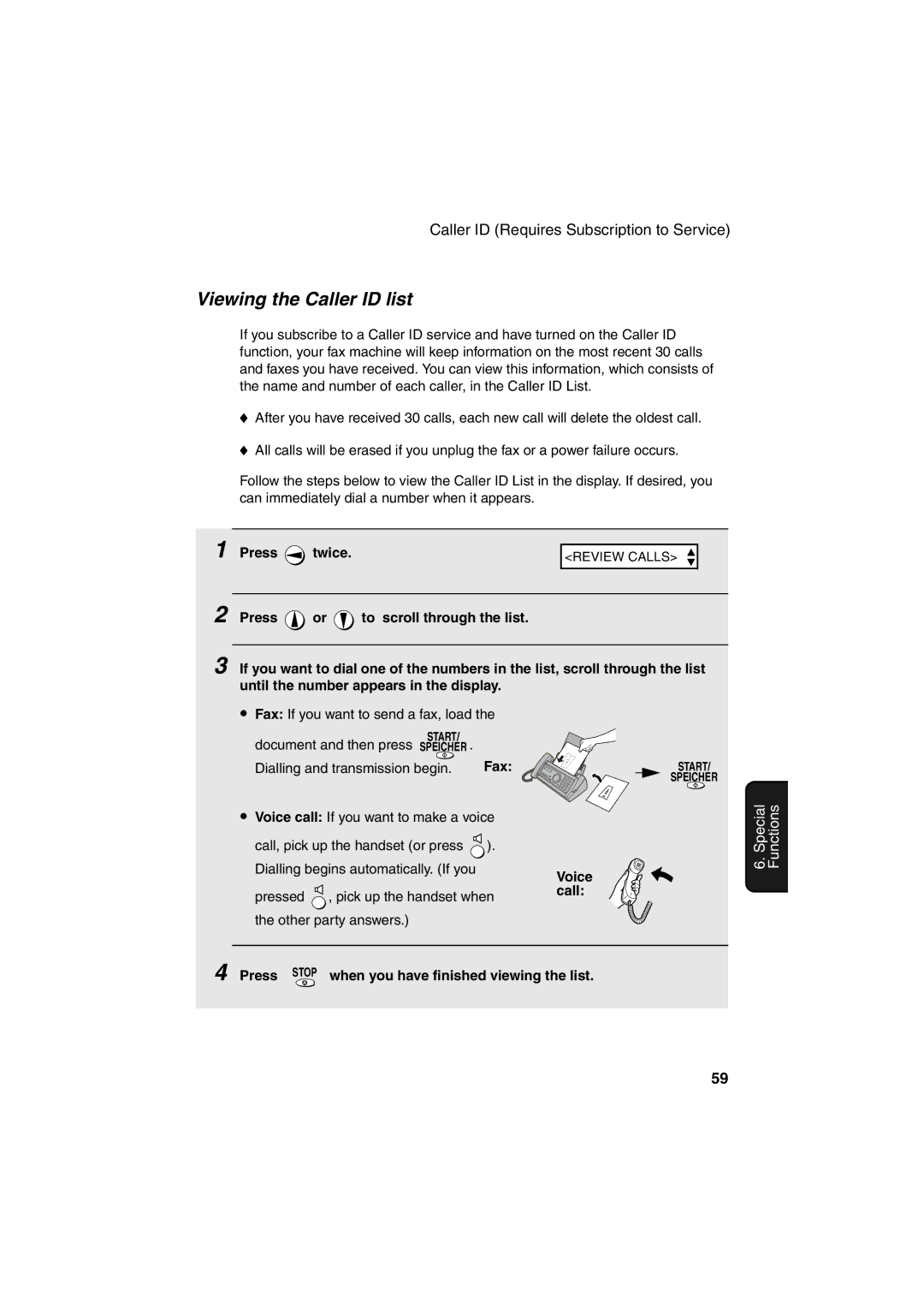 Sharp UX-P400 operation manual Viewing the Caller ID list, Press Twice, Dialling and transmission begin Fax, Voice call 