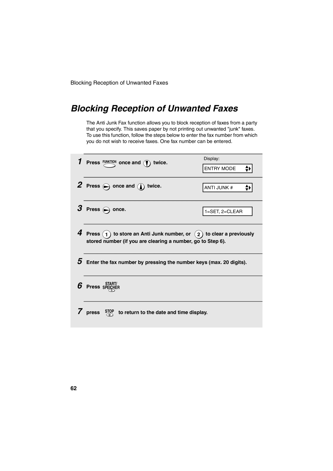 Sharp UX-P400 operation manual Blocking Reception of Unwanted Faxes, Press Funktion once and twice, Press once and twice 