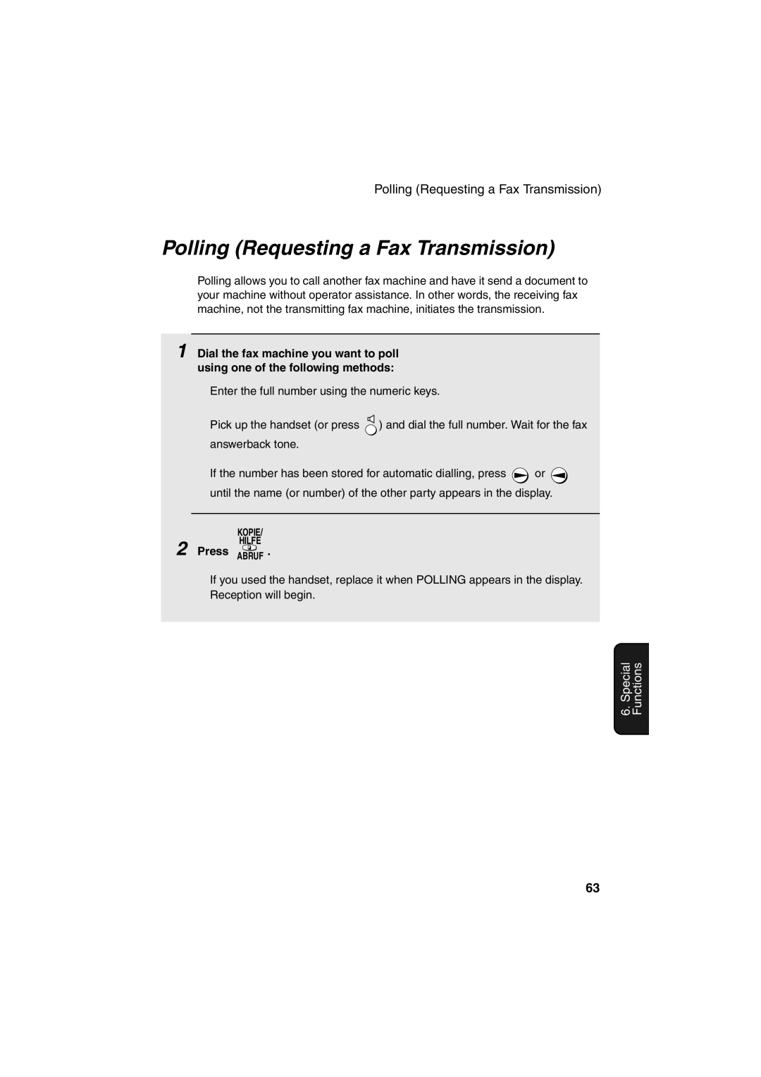 Sharp UX-P400 operation manual Polling Requesting a Fax Transmission, Press Abruf 