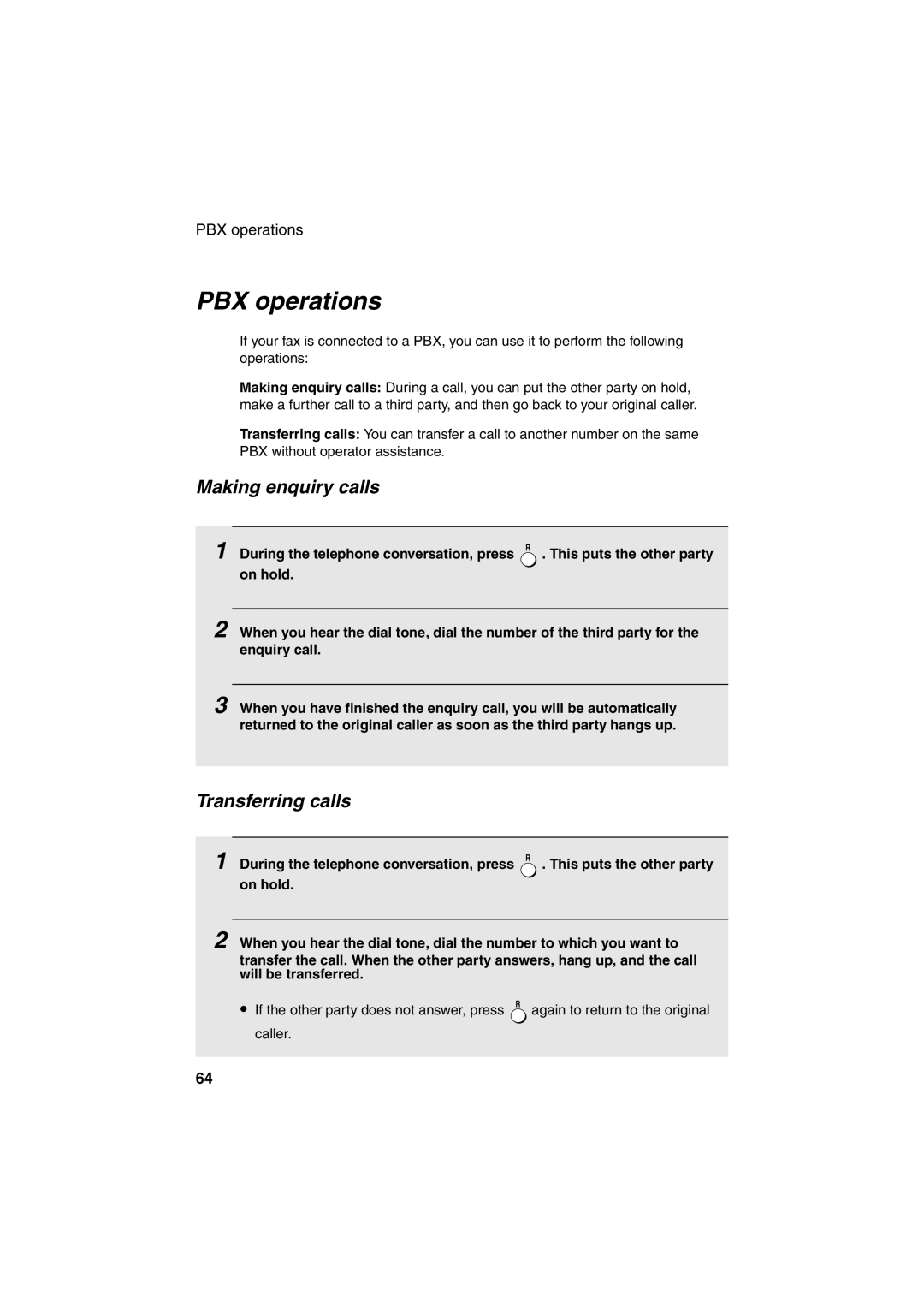 Sharp UX-P400 operation manual PBX operations, Making enquiry calls, Transferring calls 