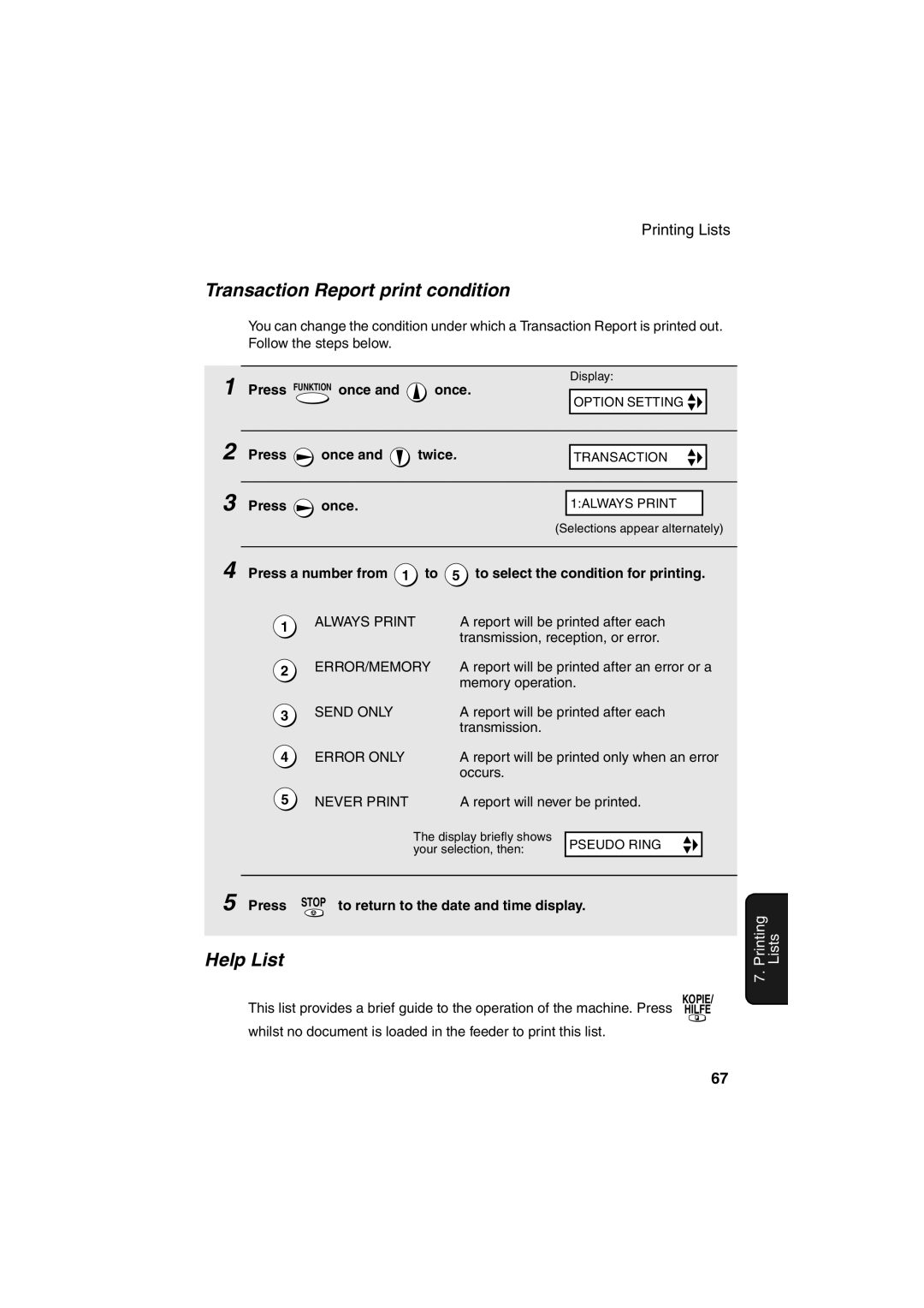 Sharp UX-P400 operation manual Transaction Report print condition, Help List 