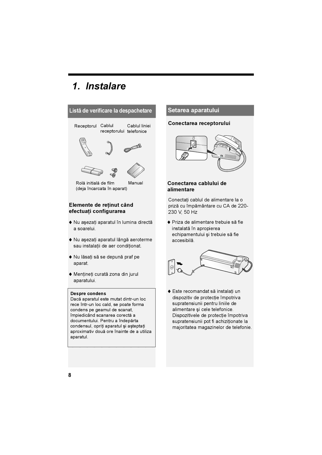 Sharp UX-P710, UX-A760 operation manual Instalare, Listă de verificare la despachetare, Setarea aparatului 