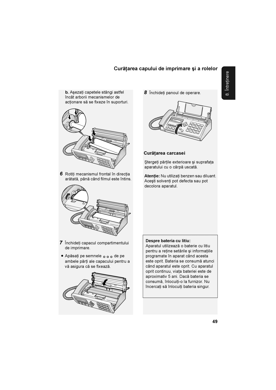 Sharp UX-A760, UX-P710 operation manual Curăţarea carcasei, Despre bateria cu litiu 