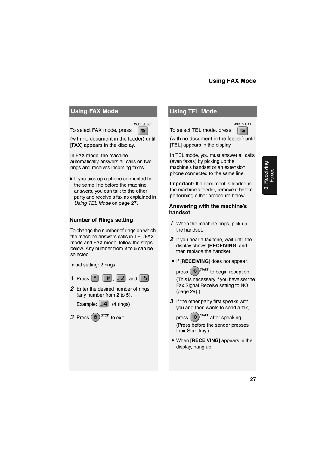 Sharp UX-A760, UX-P710 Using FAX Mode, Using TEL Mode, Number of Rings setting, Answering with the machine’s handset 