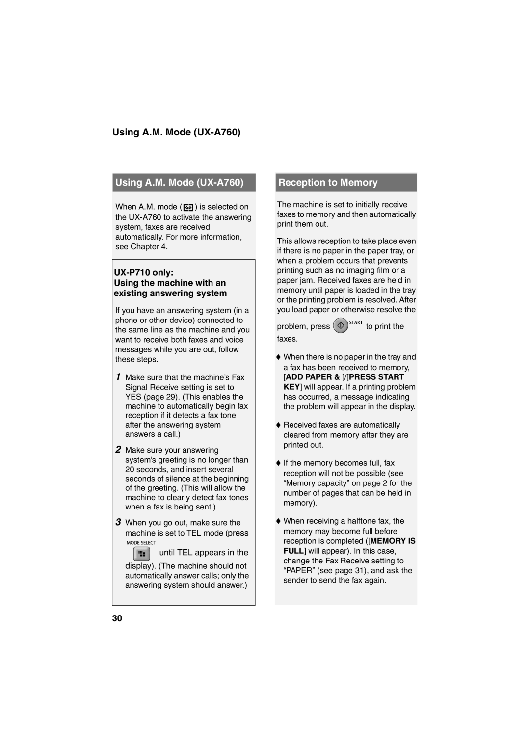 Sharp UX-P710 operation manual Using A.M. Mode UX-A760, Reception to Memory 