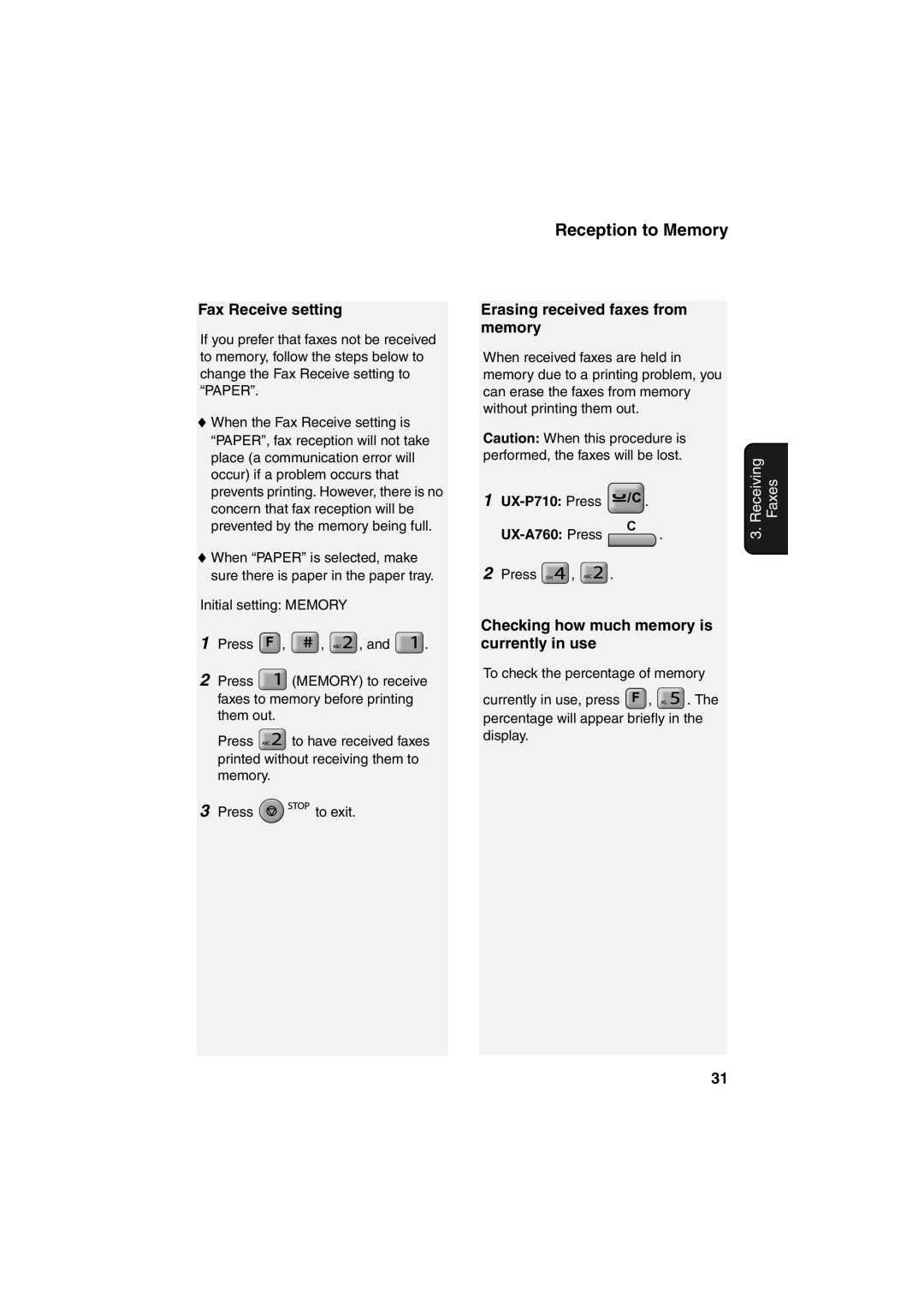 Sharp Reception to Memory, Fax Receive setting, Erasing received faxes from memory, UX-P710 Press UX-A760 Press 