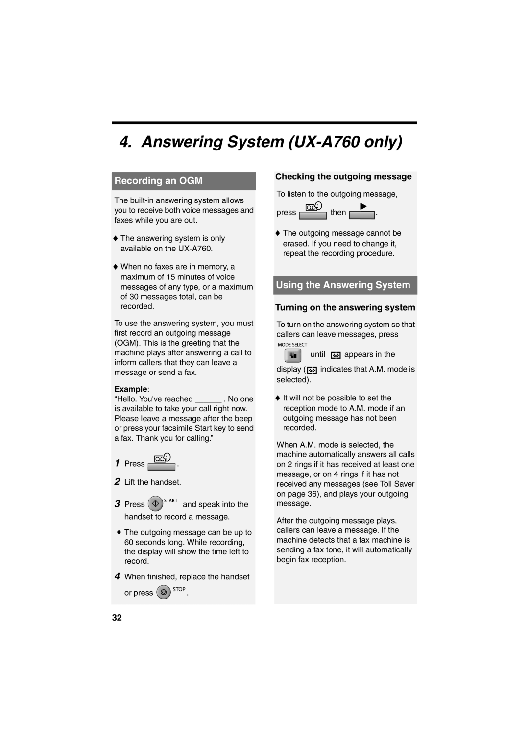 Sharp UX-P710 Recording an OGM, Using the Answering System, Checking the outgoing message, Turning on the answering system 