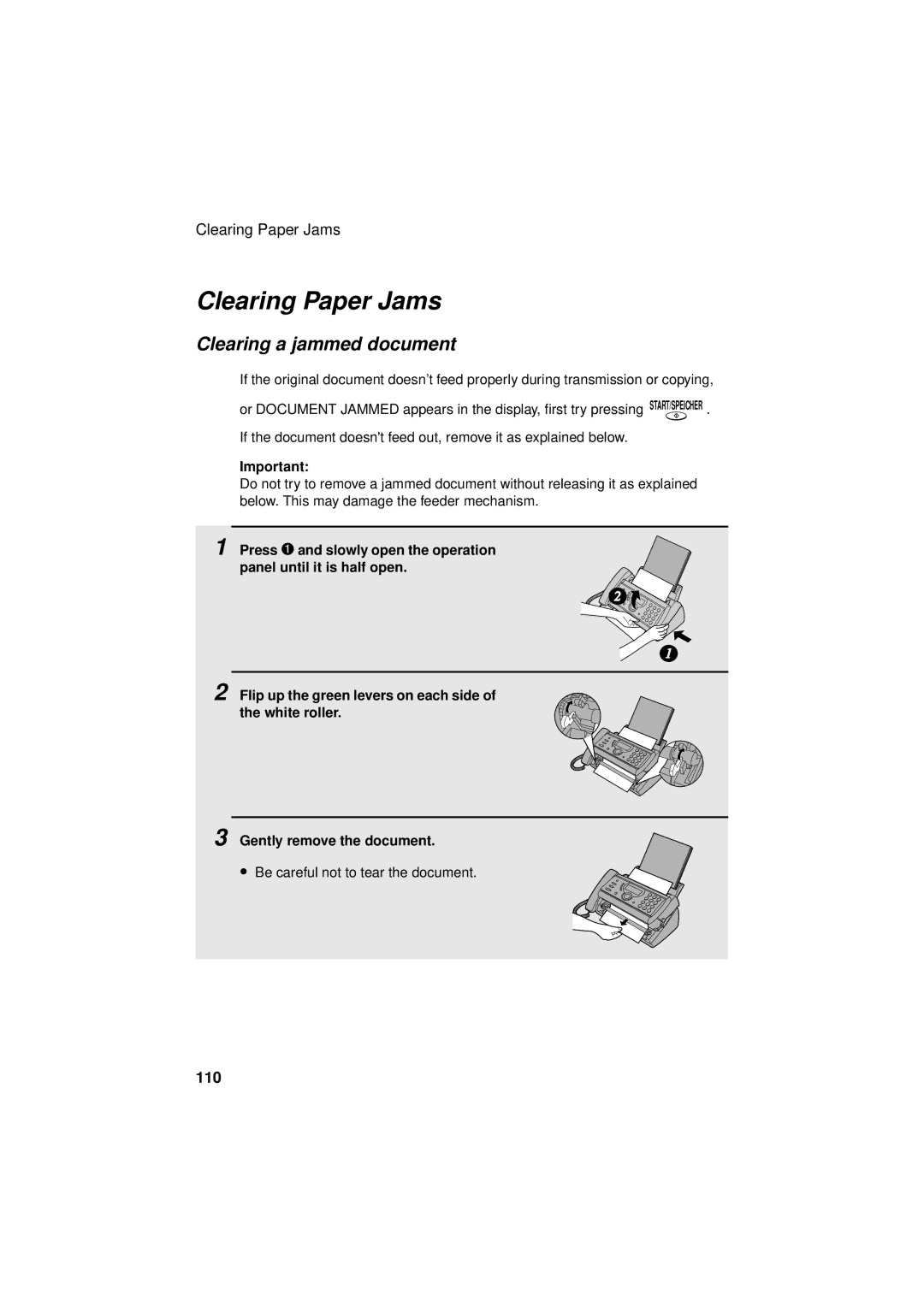 Sharp UX-S10 manual Clearing Paper Jams, Clearing a jammed document 