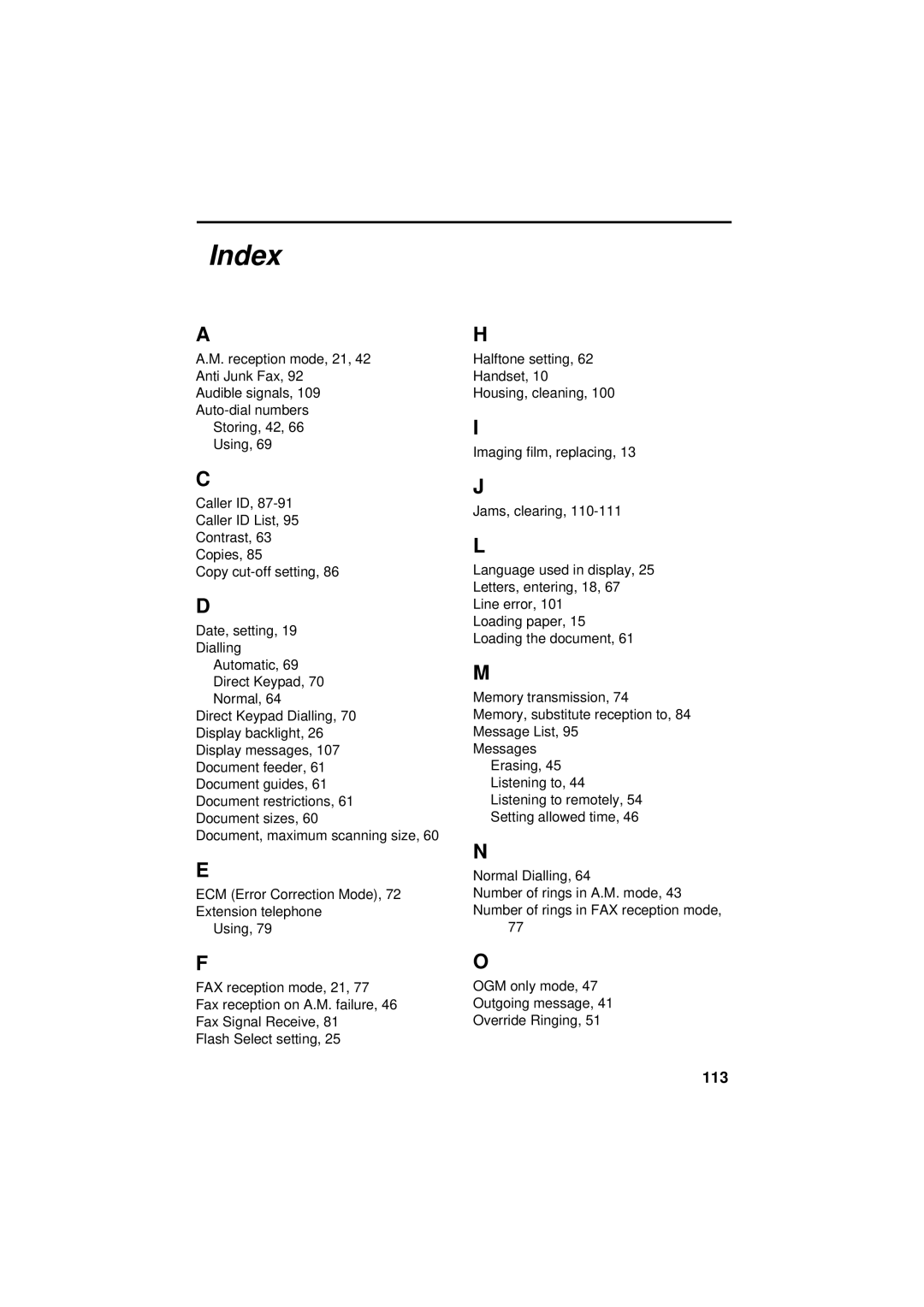 Sharp UX-S10 manual Index, 113 