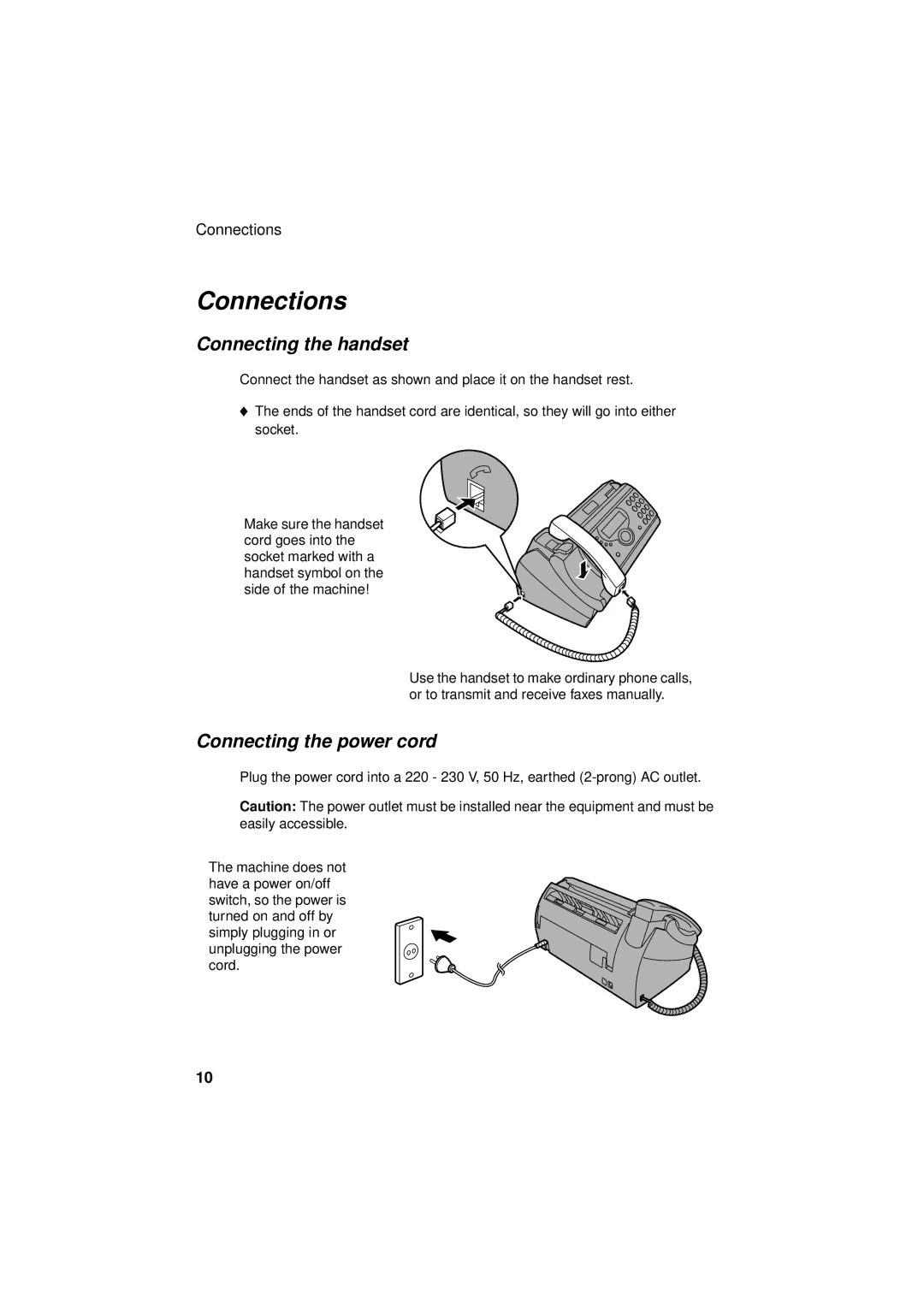 Sharp UX-S10 manual Connections, Connecting the handset, Connecting the power cord 