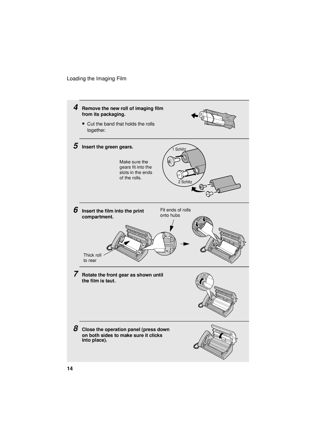 Sharp UX-S10 manual Remove the new roll of imaging film from its packaging, Insert the green gears, Compartment 