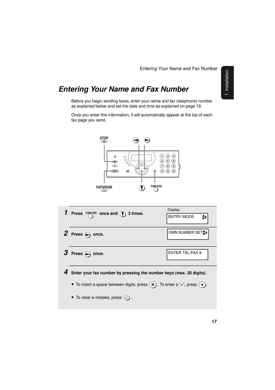 Sharp UX-S10 manual Entering Your Name and Fax Number, Press, Times 