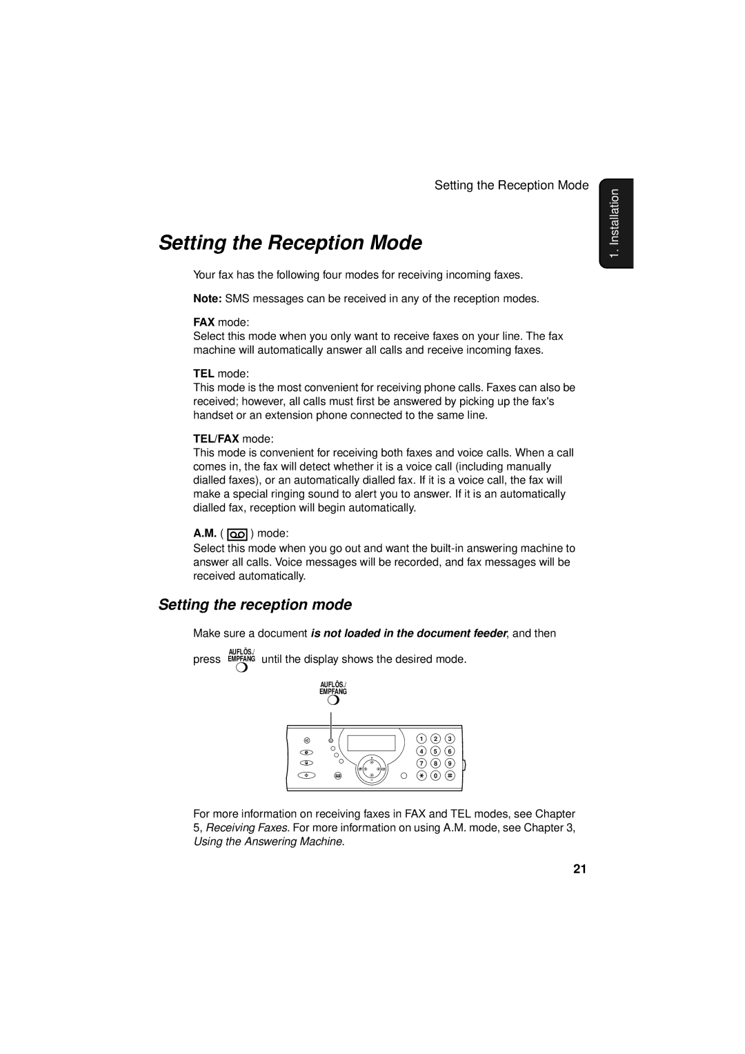 Sharp UX-S10 manual Setting the Reception Mode, Setting the reception mode, TEL/FAX mode 