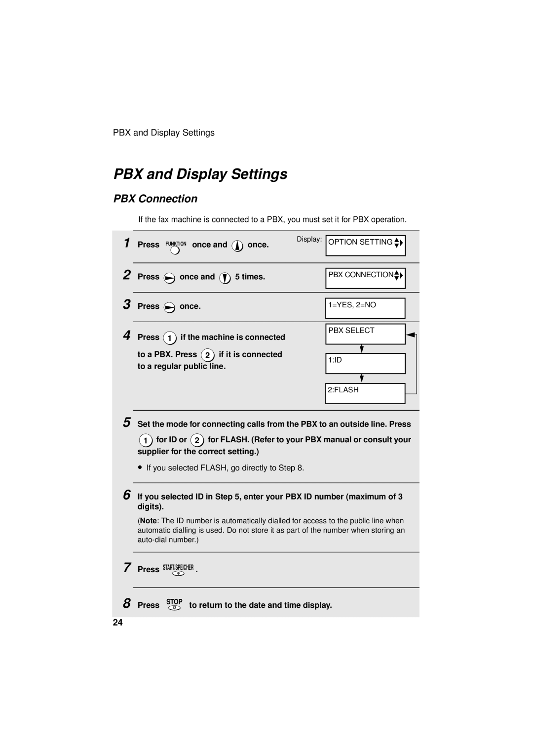 Sharp UX-S10 manual PBX and Display Settings, PBX Connection, Press Once Times 