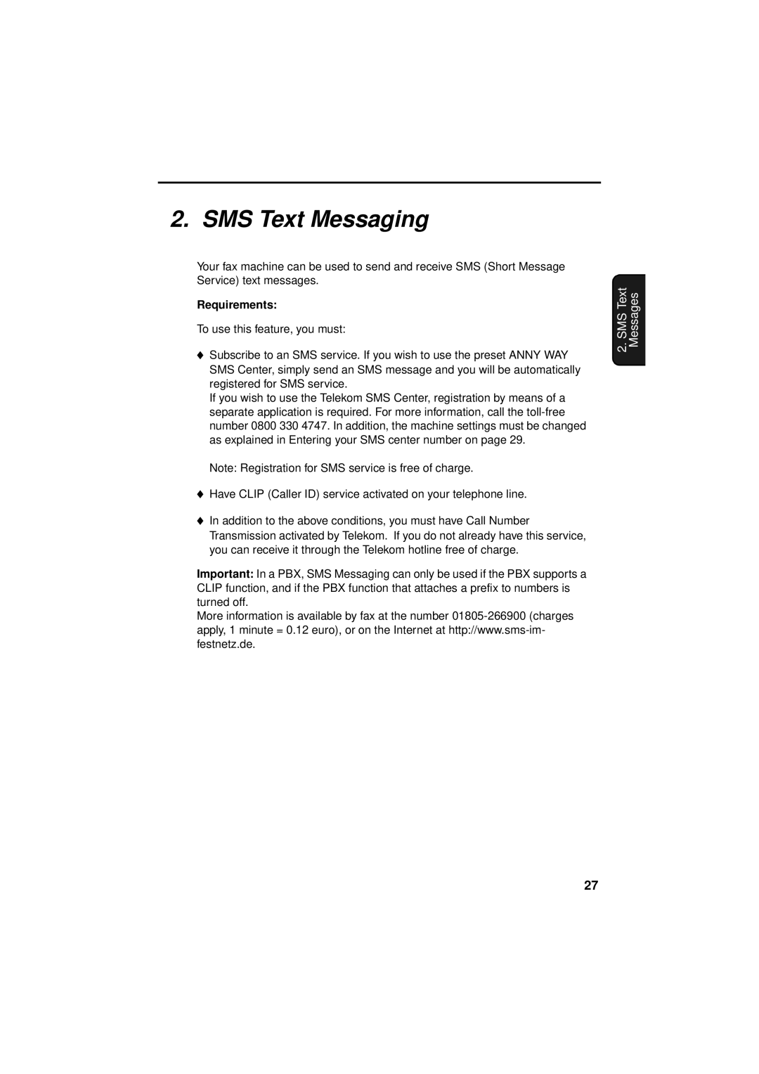 Sharp UX-S10 manual SMS Text Messaging, Requirements 