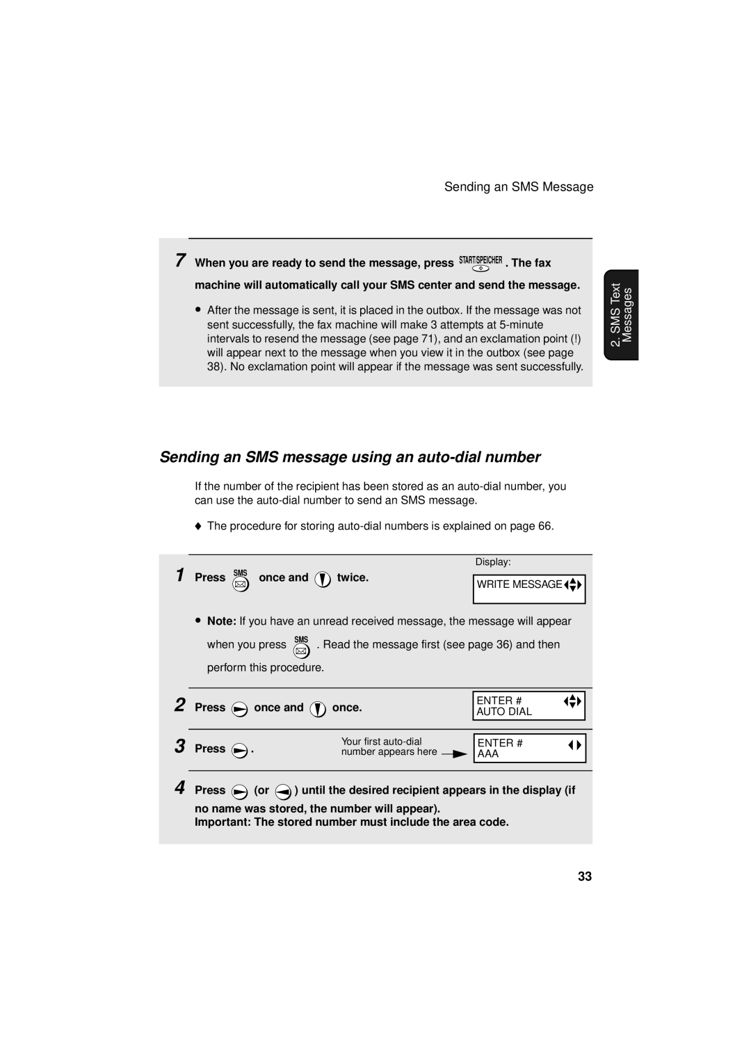 Sharp UX-S10 manual Sending an SMS message using an auto-dial number, Press SMS once Twice 