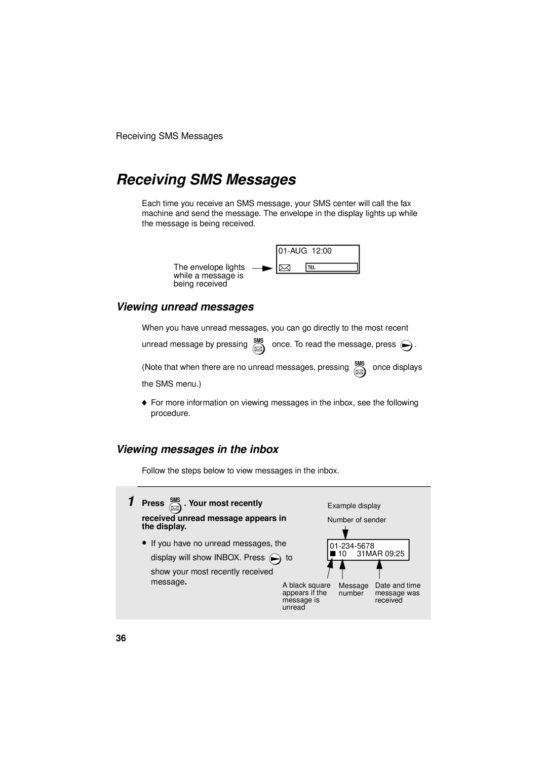 Sharp UX-S10 manual Receiving SMS Messages, Viewing unread messages, Viewing messages in the inbox 