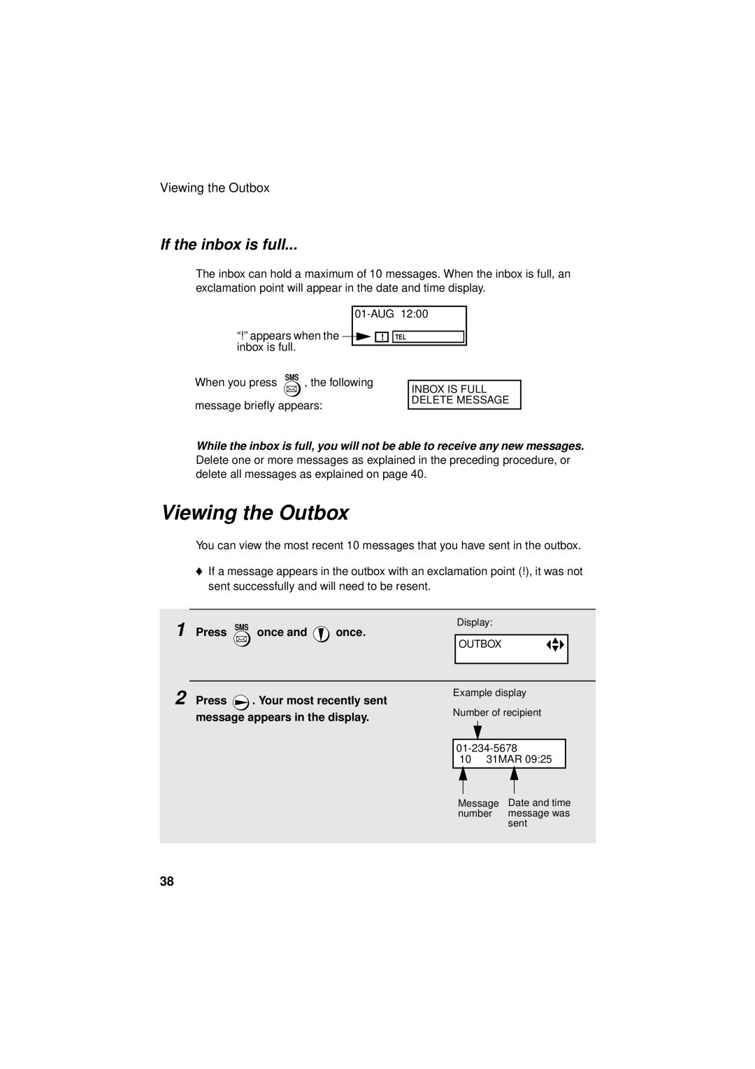 Sharp UX-S10 manual Viewing the Outbox, If the inbox is full 